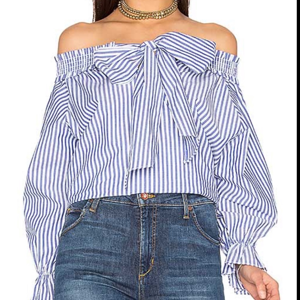 J.O.A Off Shoulder Top Blue/White Stripe Bow Front
